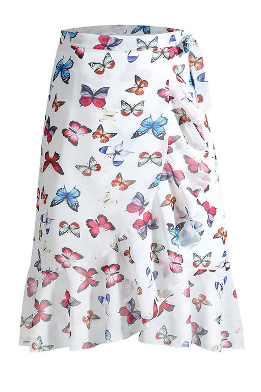 Lace Up Slit Butterfly Floral Chiffon Skirt