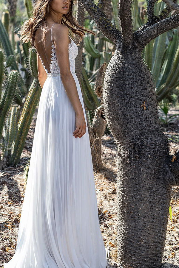 White Lace Spaghetti Straps Chiffon Dress – Mislish