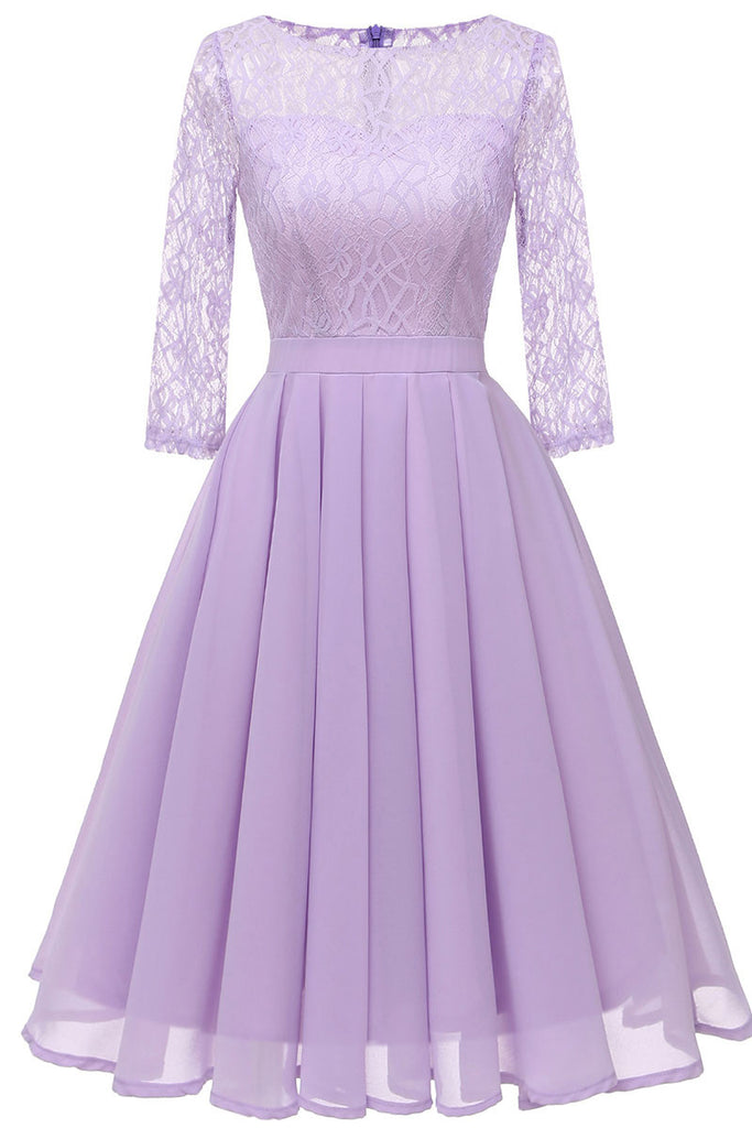 Lavender A-line Short Lace Prom Dress With Sleeves