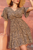 Leopard Print V-neck Ruffled Dress - Mislish