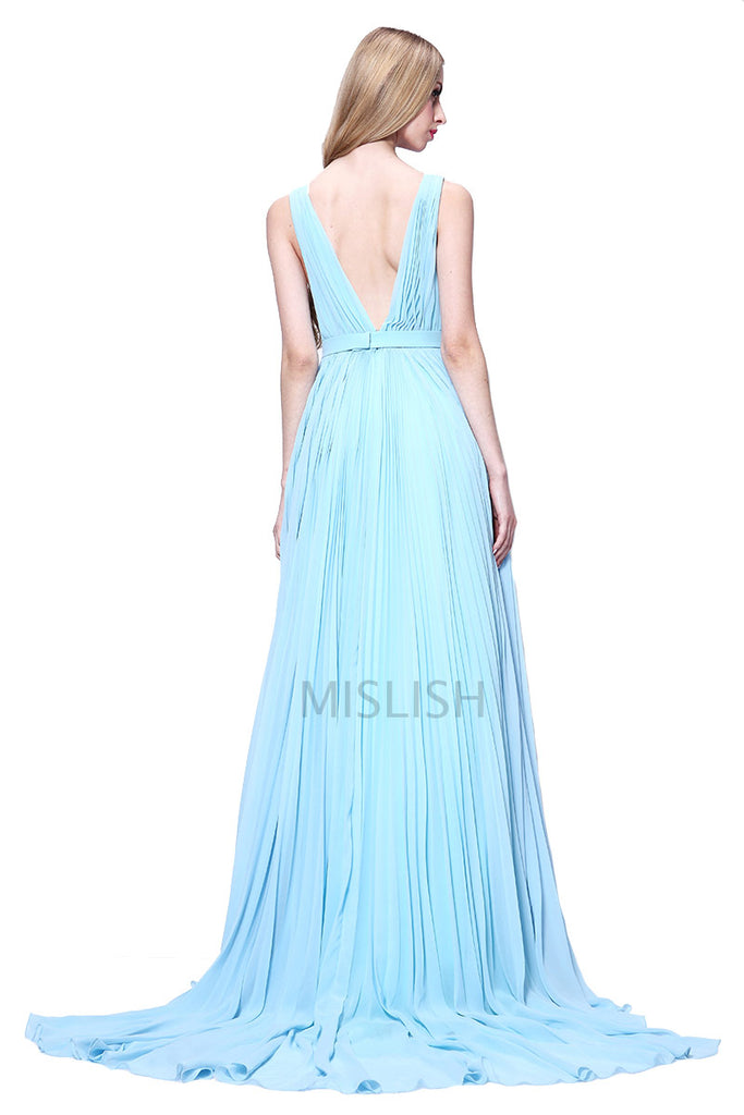 Light Sky Blue Deep V-neck Sleeveless Prom Dress