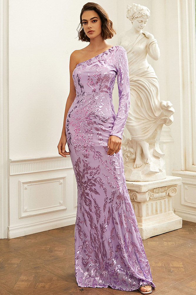 Lilac One Sleeve Prom Gown Formal Dress