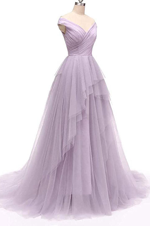 Lilac Tulle Backless A-Line Prom Gown Evening Dress