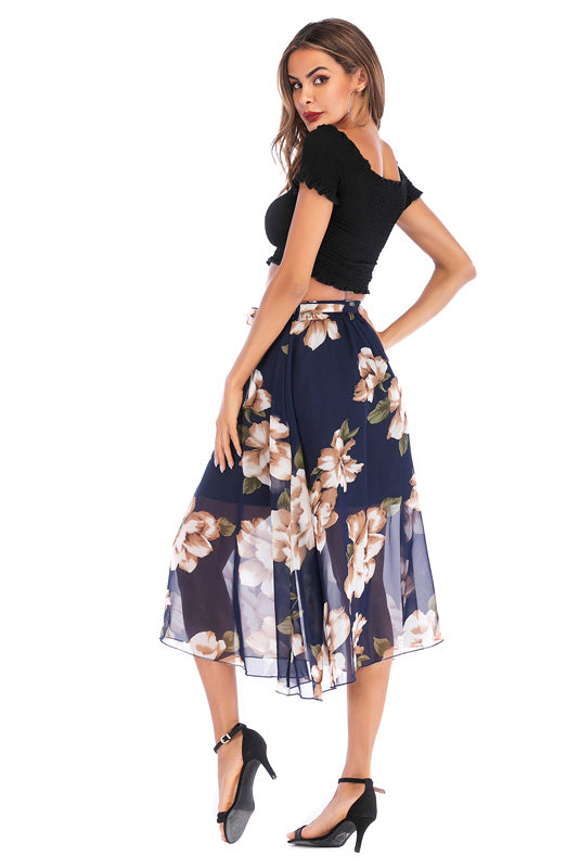 Elastic Waist Blue Floral Print Chiffon Skirt - Mislish