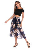 Elastic Waist Blue Floral Print Chiffon Skirt - Mislish
