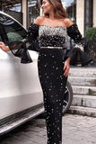 Long White Off-the-Shoulder Beaded Evening Gown Formal Dress