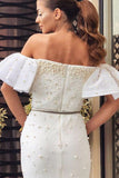 Long White Off-the-Shoulder Beaded Evening Gown Formal Dress
