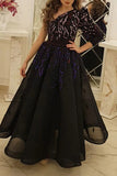Long Black One Sleeve A-Line Prom Dress Evening Gown