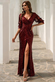 Long Burgundy Sequins High Slit Evening Prom Dress