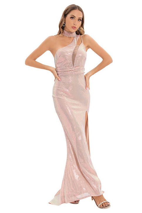 Long Pink High Neck Slit Prom Evening Dresses