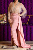 Long Pink V-Neck Long Sleeve Formal Evening Dress