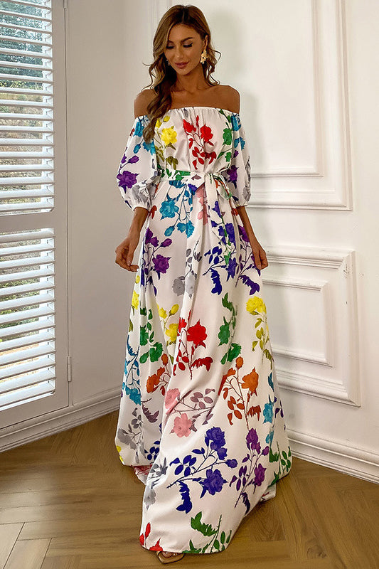 Long Print A-Line Off-the-Shoulder Maxi Prom Dress