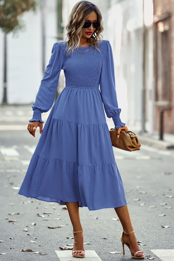 Midi Blue Long Sleeve A-Line Dress