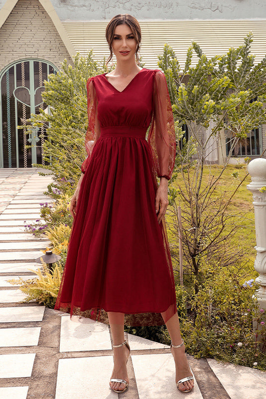 Midi Burgundy Long Sleeve V-Neck Party Dress – Mislish