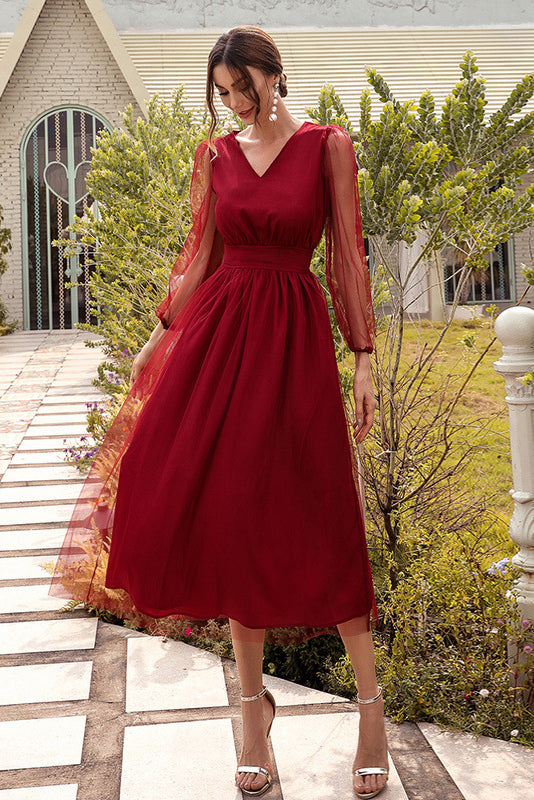 Midi Burgundy Long Sleeve V-Neck Party Dress – Mislish