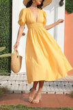 Midi Yellow Short Sleeves A-Line Dress