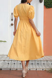 Midi Yellow Short Sleeves A-Line Dress