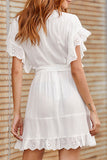 White Scoop Lace-up Ruffled Dress - Mislish