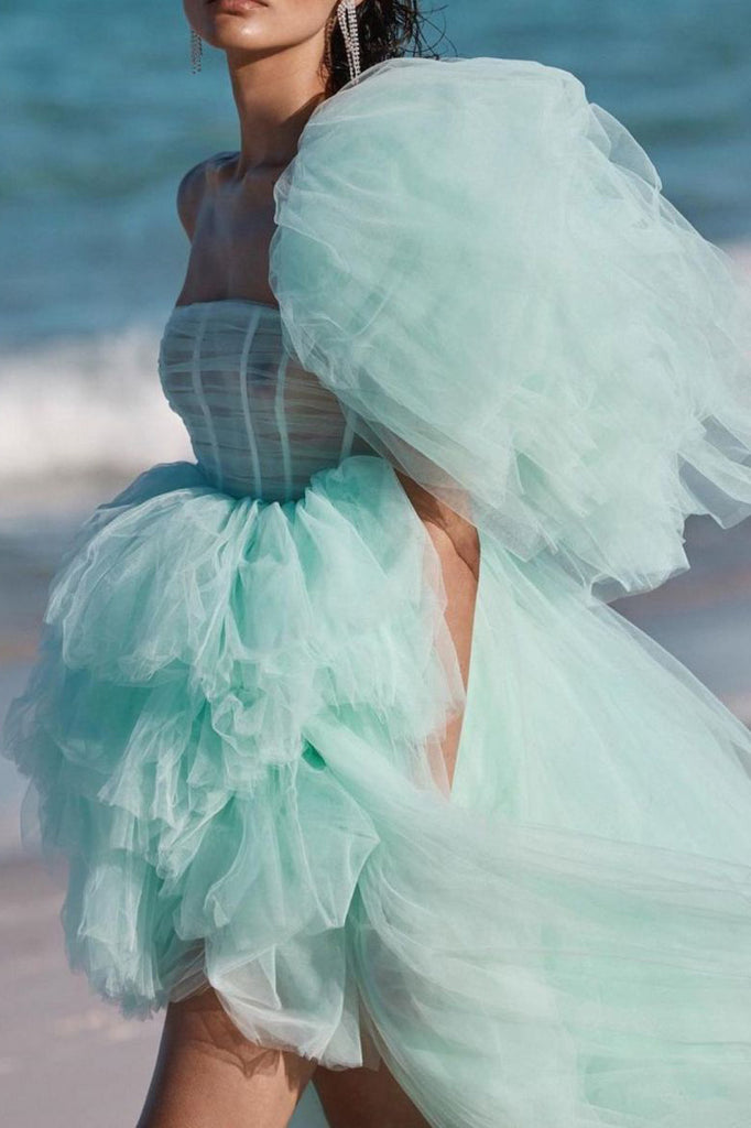 Mint One Shoulder Tulle High Low Prom Evening Dress