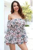 Off-the-shoulder Backless Belted Floral Dress With Trumpet Sleeves - Mislish