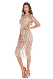 Off-the-shoulder High Neck Sequined Tasseled Sparkly Midi Dress - Mislish