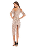 Off-the-shoulder High Neck Sequined Tasseled Sparkly Midi Dress - Mislish