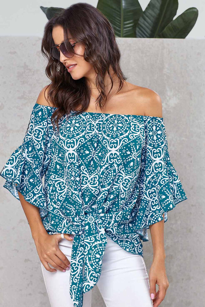 Off-the-shoulder Knot Front Blouse With Trumpet Sleeves - Mislish