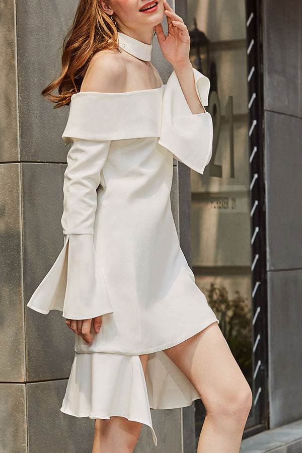 White Off-the-shoulder High Low Ruffle Dress - Mislish