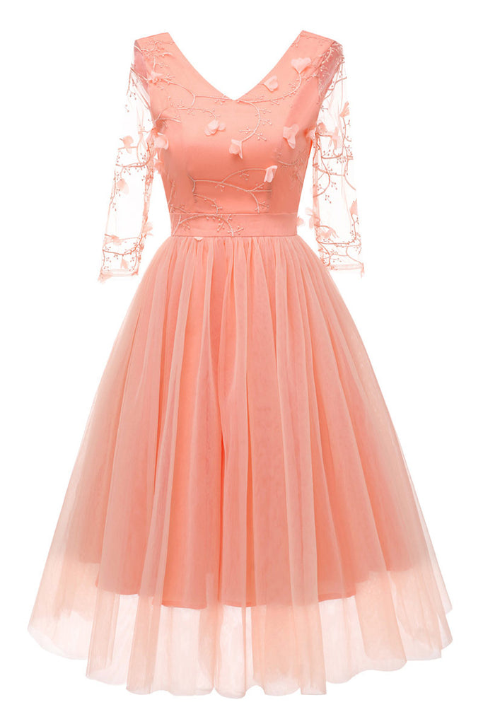 Orange Pink V-neck A-line Applique Prom Dress With Long Sleeves