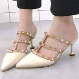 Patent Leather T-strap Pointed Toe Sandals With Rivet - Mislish