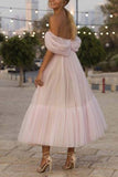 Pearl Pink Off-the-Shoulder Tulle A-Line Prom Dress