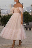 Pearl Pink Off-the-Shoulder Tulle A-Line Prom Dress