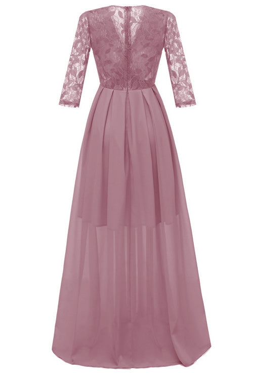Pink A-line Lace Prom Dress With Long Sleeves