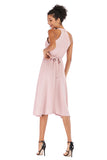 Pink Choker Neck Lace-up Chiffon Dress - Mislish