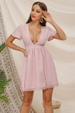 Pink Deep V-neck Lace Panel Short Dress - Mislish