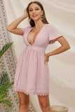 Pink Deep V-neck Lace Panel Short Dress - Mislish