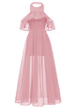 Burgundy High Low Halter Chiffon Long Prom Dress - Mislish