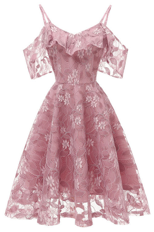 Pink Lace A-line Spaghetti Straps Prom Dress