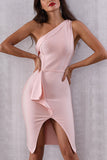 Pink One Shoulder Lace-up Sleeveless Bandage Dress - Mislish