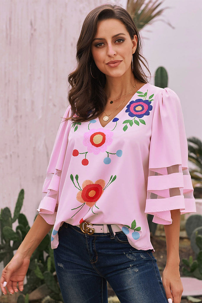 Pink Printed V-neck Blouse With Trumpet Sleeves - Mislish