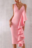 Pink Ruffle Trim Sleeveless Bodycon Party Dress - Mislish