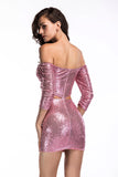 Pink Sequined Off-the-shoulder Sparkly Party Dress - Mislish