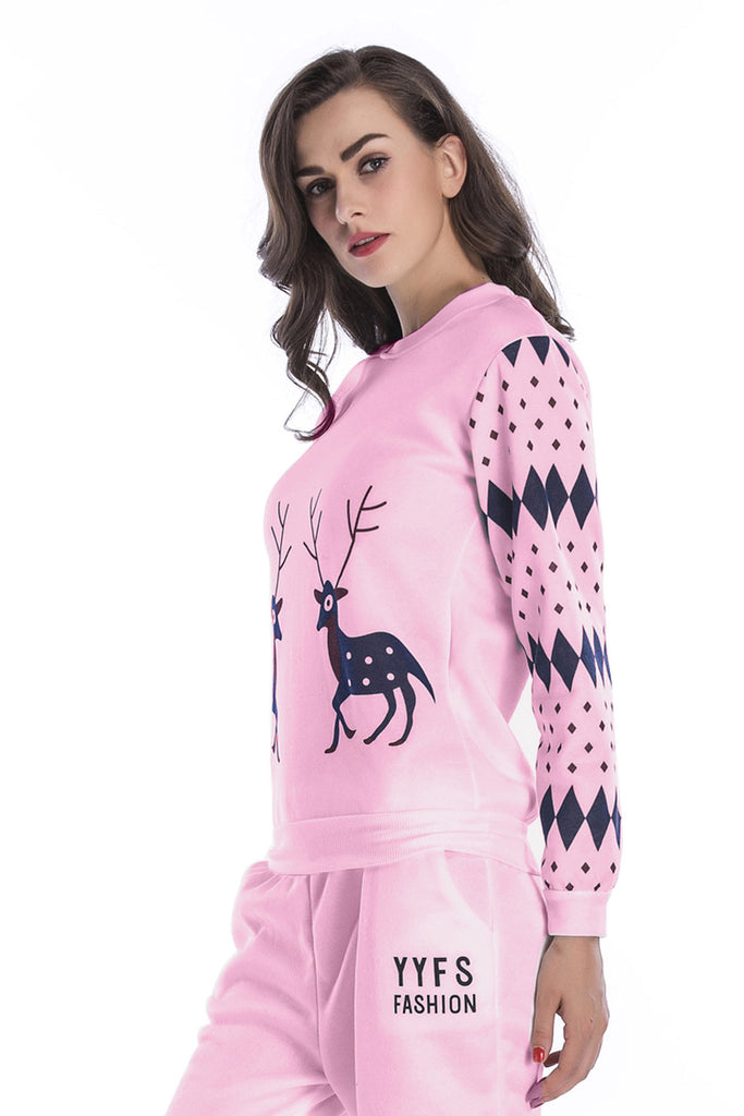 Pink Sika Deer Print Long Sleeve Sweatshirt - Mislish
