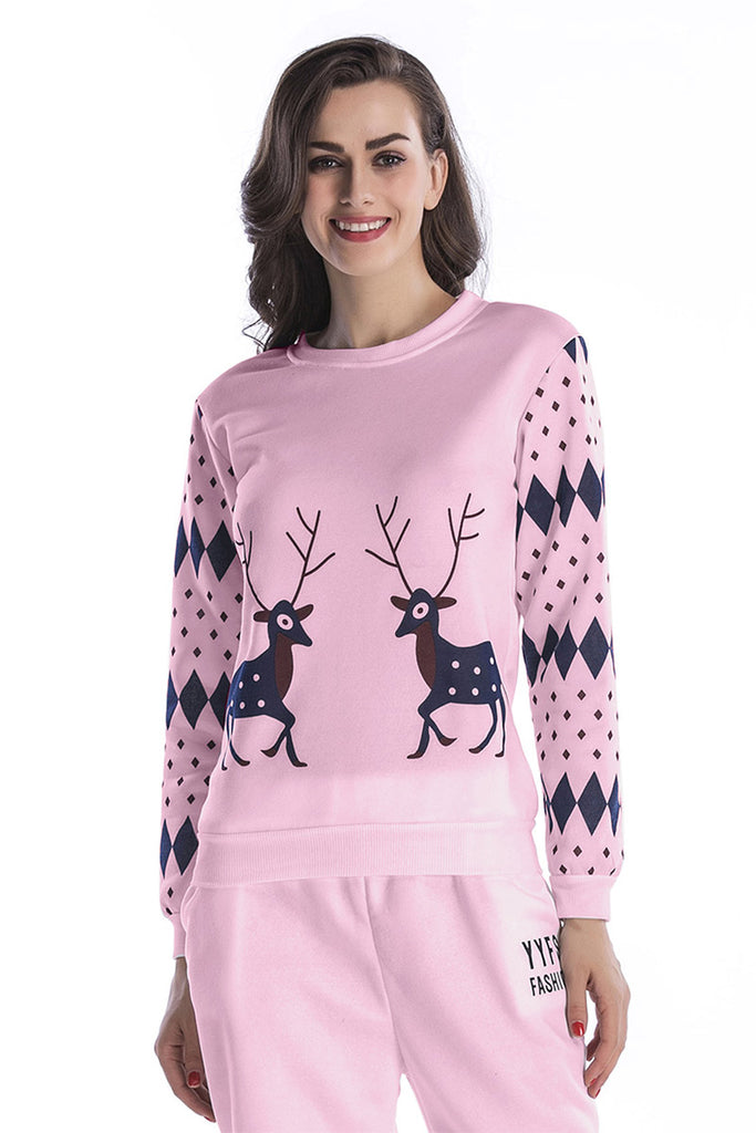 Pink Sika Deer Print Long Sleeve Sweatshirt - Mislish