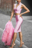 Pink Two Pieces Cut Out Bandage Dress - Mislish