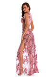 Pink V Neck Sequined Thigh-high Slit Cut Out Prom Dress - Mislish