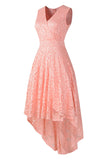 Pink V Neck Sleeveless High Low Lace Cocktail Dress - Mislish
