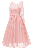 Pink V-neck Lace A-line Prom Dress With Long Sleeves