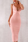 Pink V-neck Ribbed Bandage Dress - Mislish