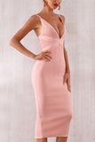 Pink V-neck Ribbed Bandage Dress - Mislish